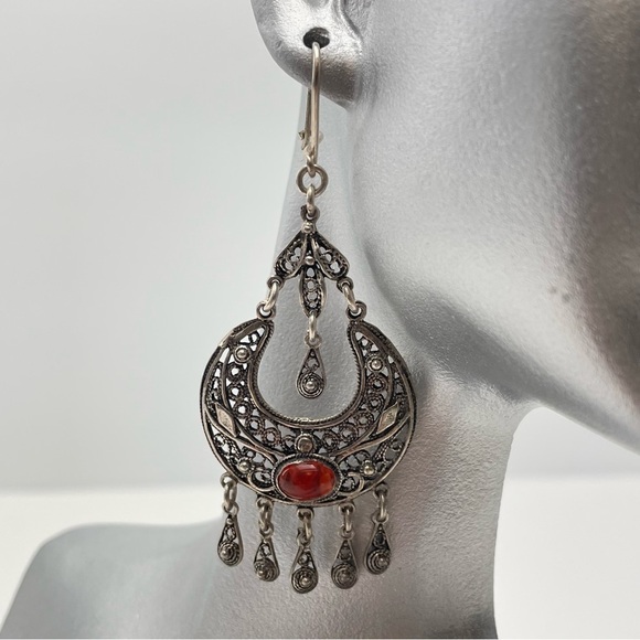 Sterling Silver Dangle Earrings with Amber Cabochon - Picture 9 of 11